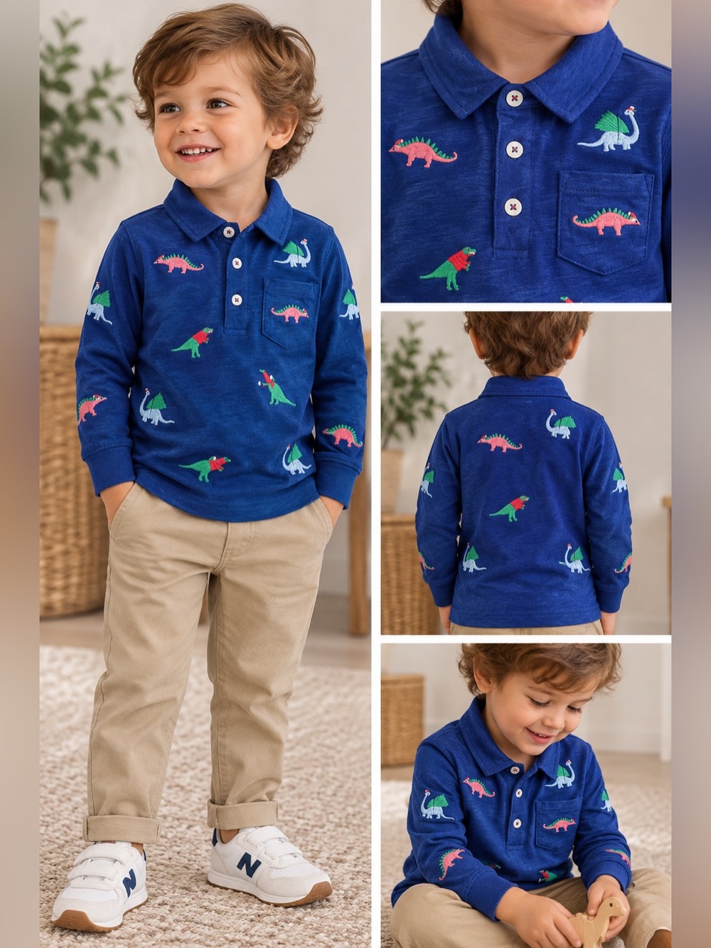 Mini Boden Boys Dinosaur Embroidered Long Sleeve Polo Shirt Blue 2-3Y